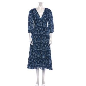 NWT Caroline Constas Blue floral Dahlia Navy Deep V Maxi Dress designer cottage